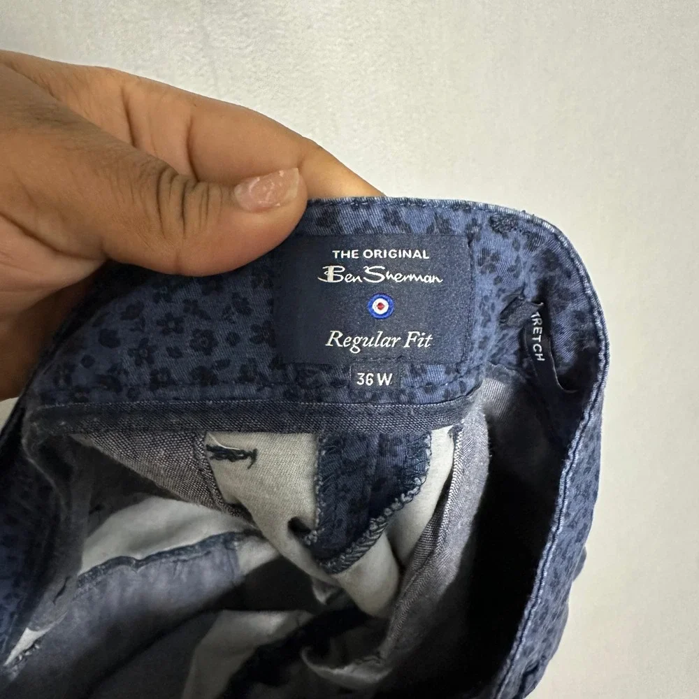 Ben Sherman‎ Mens 36W Navy Blue Floral Print Regular Fit Chino Shorts Stretch